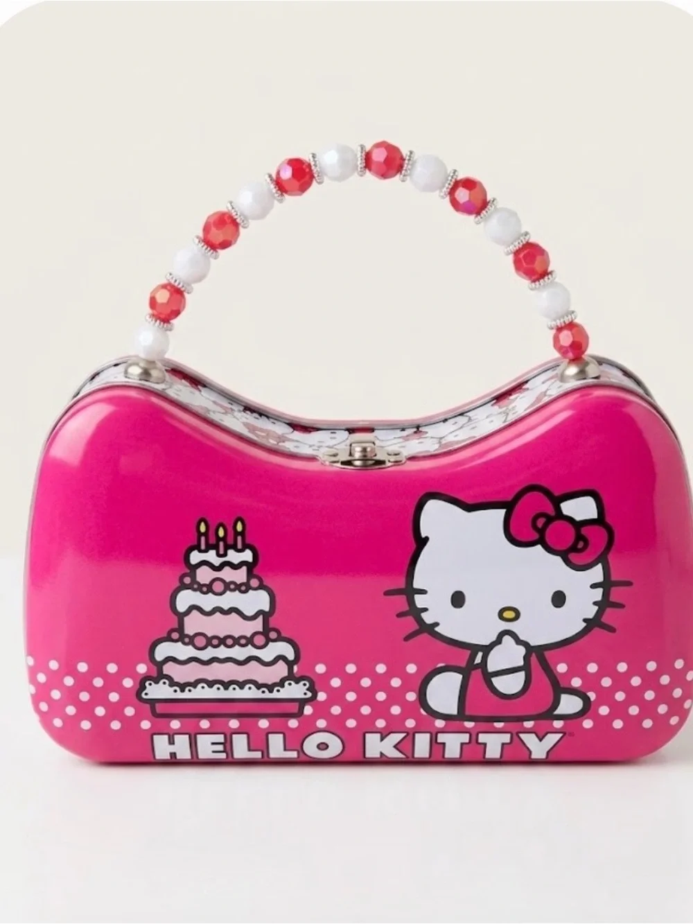 Hello Kitty Hot pink-tin Purse-lunch box-school supply box-trinket-beaded handle